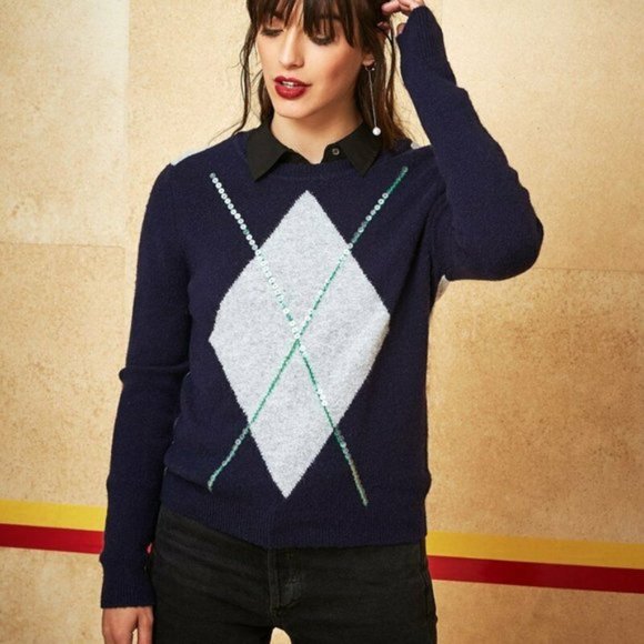 Court & Rowe Brompton Sequin Argyle Bouclé Sweater Ivy League Navy Crush S NWT - Picture 15 of 15